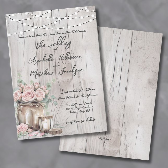 Convite Casamento de Campo de Rosas Leves Rústicos Corda d (Rustic Wood String Light Roses Country Wedding Invitation)