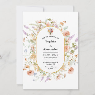 Convite Casamento de campo floral com o ouro de Cute