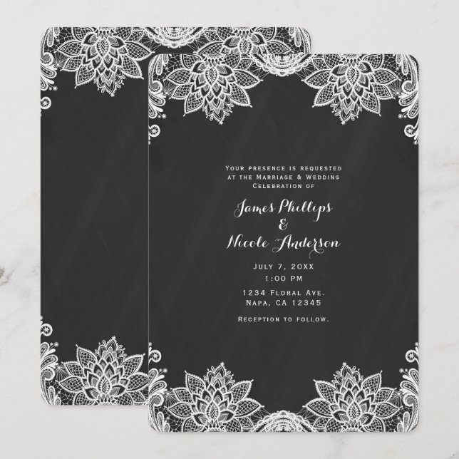 Convite Casamento de Campo Negro de Chalkboard Floral Whit (Frente/Verso)