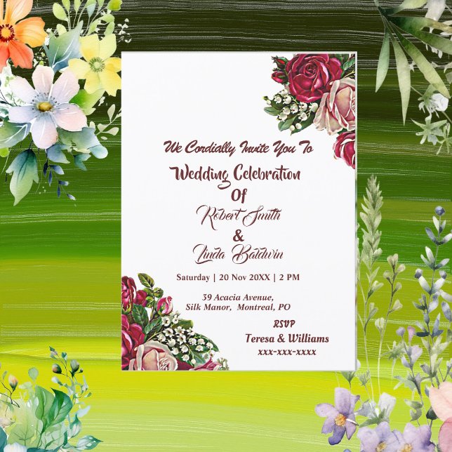 Convite Casamento de Campo Rosas Vermelho Blush Burgundy (Blush Burgundy Red Rustic Roses Country Wedding Invitation)