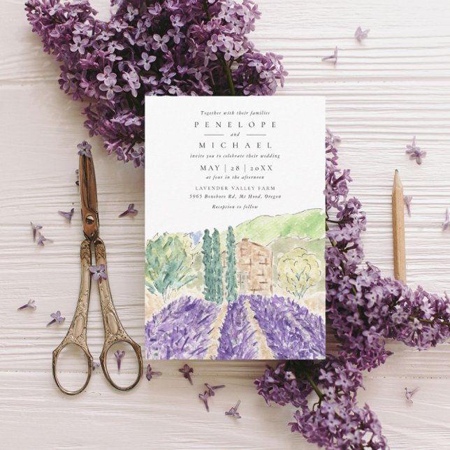 Convite Casamento de Campos de Lavanda de Aquarela (Watercolor lavender fields wedding invitation.)