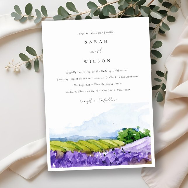 Convite Casamento de Campos de Lavanda de Aquarelas Rustic (Criador carregado)