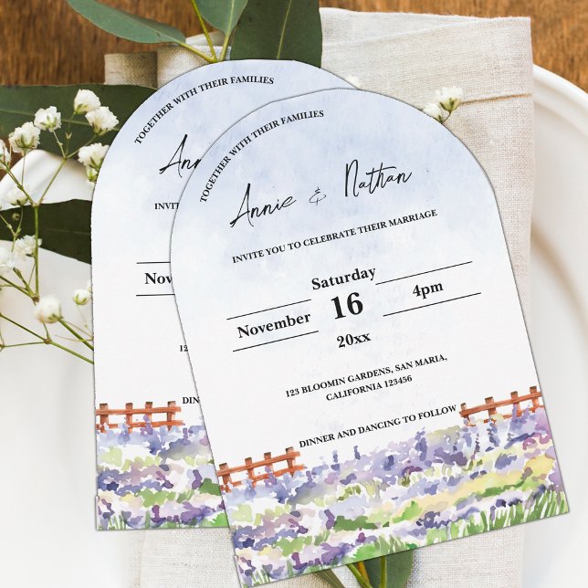 Convite Casamento de Campos de Lavanda de Paisagem de Core (Cute Watercolor Landscape Lavender Fields Wedding Invitation)