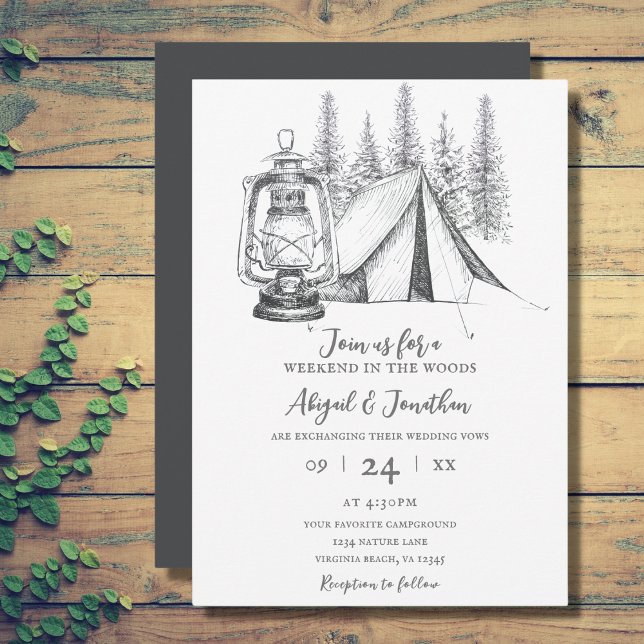 Convite Casamento de Campos de Tent, Lanterna e Woodland (Tent, Lantern and Woodland Sketch Camping Wedding Invitation)