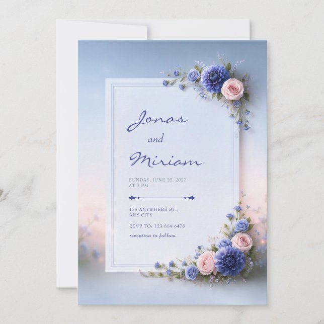 Convite Casamento de Canto de Dália Azul Pó (Frente)