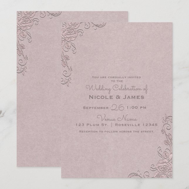 Convite Casamento de Canto de Rosa Glamouroso Rústico Vint (Frente/Verso)