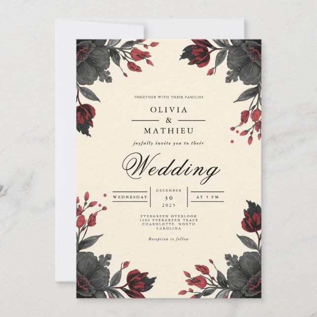 Convite Casamento de Canto Floral de Crimson Profundo (Frente)