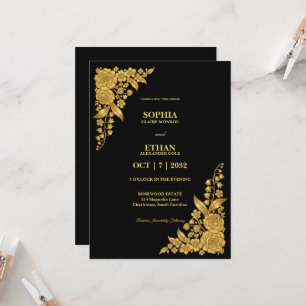 Convite Casamento de Canto Floral Preto e Dourado de Luxo