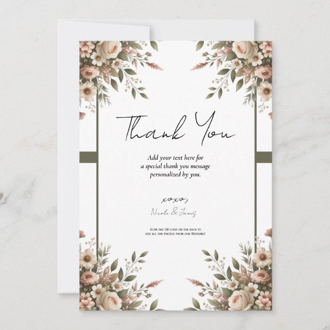 Convite Casamento de Canto Floral Verde Oliva e Branco Ele (Frente)