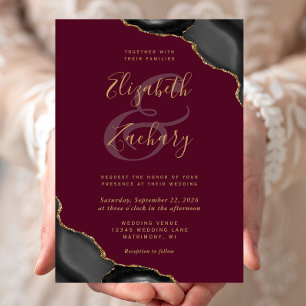 Convite Casamento de Cantos de Ágata Dourada Preta Borgonh