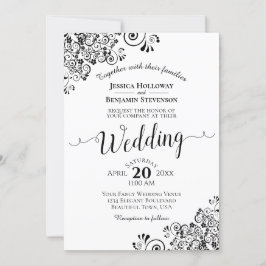 Convite Casamento de cantos decorativos simples preto e br