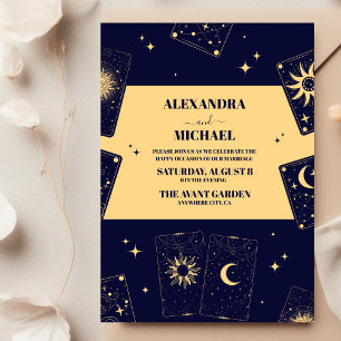 Convite Casamento de Carta de Tarot Azul Dourado Elegante