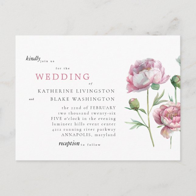 Convite Casamento de Cartão Postal com Haste Rosa Simples  (Frente)