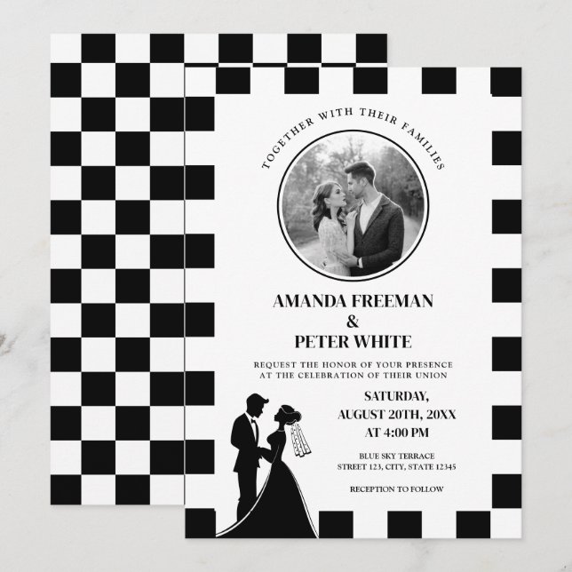 Convite Casamento de Casais Chic Black & White Checkered P (Frente/Verso)