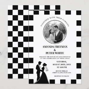 Convite Casamento de Casais Chic Black & White Checkered P
