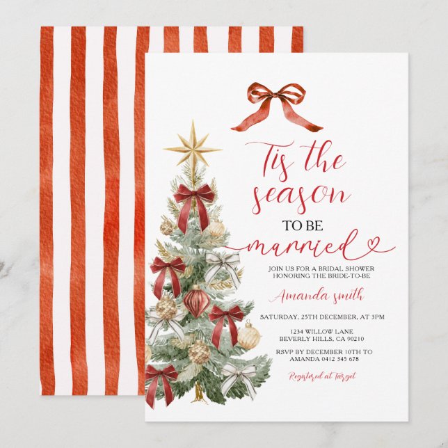 Convite Casamento de Casal de Árvore de Natal com Laço Ver (Frente/Verso)