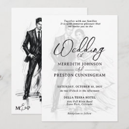 Convite Casamento de Casal Esboço de Carvão de Moda Modern