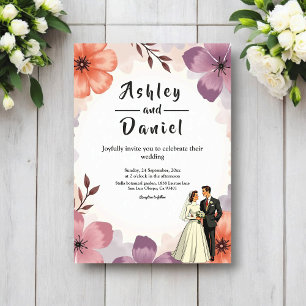 Convite Casamento de Casal Romântico Floral Aquarela Elega