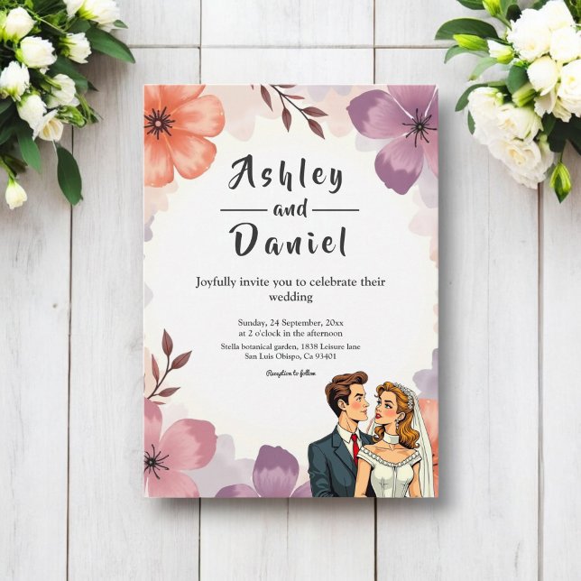 Convite Casamento de Casal Romântico Floral de Aquarela El (Criador carregado)