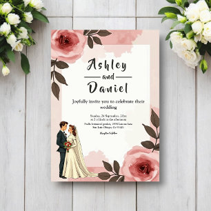 Convite Casamento de Casal Rosa Bege Floral Aquarela