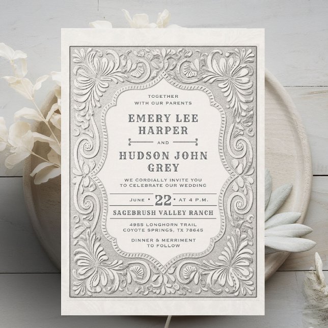Convite Casamento de Casal Russo Ocidental com Couro Arref (cowboy wedding invitation tooled leather effect elegant country western barn backyard black white)