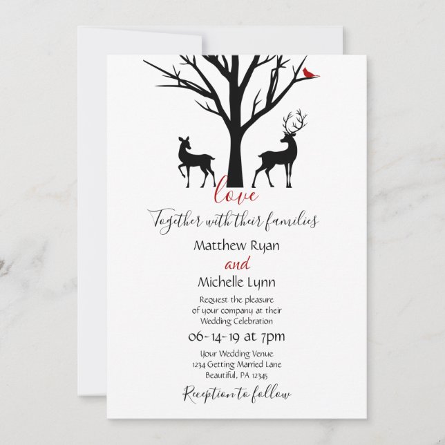 Convite Casamento de Casal Silhouette Deer Winter Love (Frente)