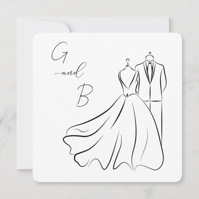 Convite Casamento de Casamento B&W Elegante Tux & Dress Sq (Frente)