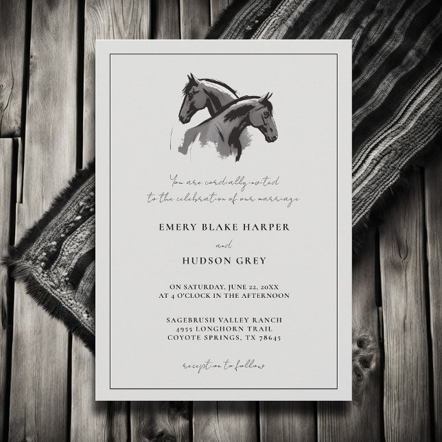 Convite Casamento de Cavalos do País no Oeste Elegante BW (country wedding invitation western cowboy horses art sketch frame black white elegant rustic modern)