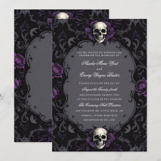 Convite Casamento de Caveira Floral de Boho Roxo Escuro