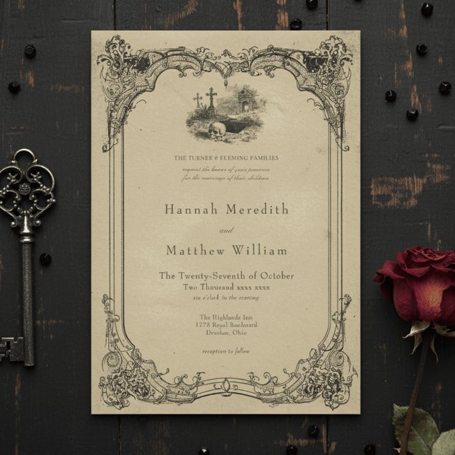 Convite Casamento de Caveira Marrom com Toile Preto Gótico (Criador carregado)