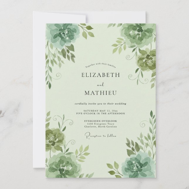 Convite Casamento de Celadon Ranunculus Eucalipto (Frente)