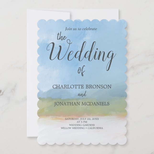Convite Casamento de Céus Azuis com Paisagem Pintada (Frente)