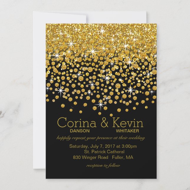 Convite Casamento de Chá de Confetti Glitter | preto-ouro (Frente)