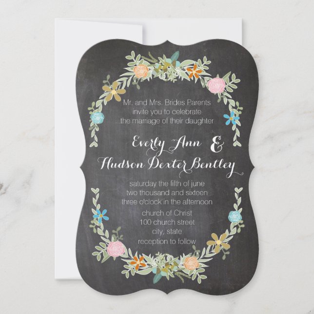 Convite Casamento de Chalkboard Mint Pink Aqua Floral Garl (Frente)