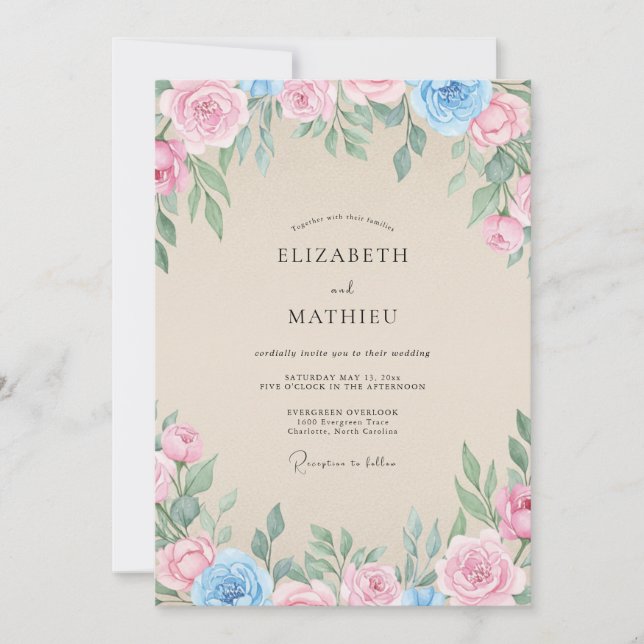 Convite Casamento de Champanhe Azul Folhagem Eucalipto (Frente)