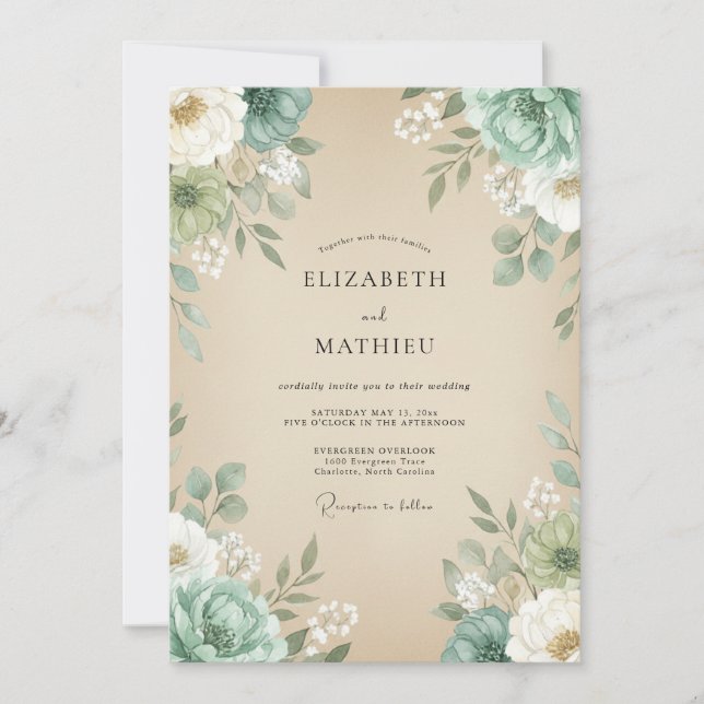 Convite Casamento de Champanhe com Folhagem de Hortelã Euc (Frente)