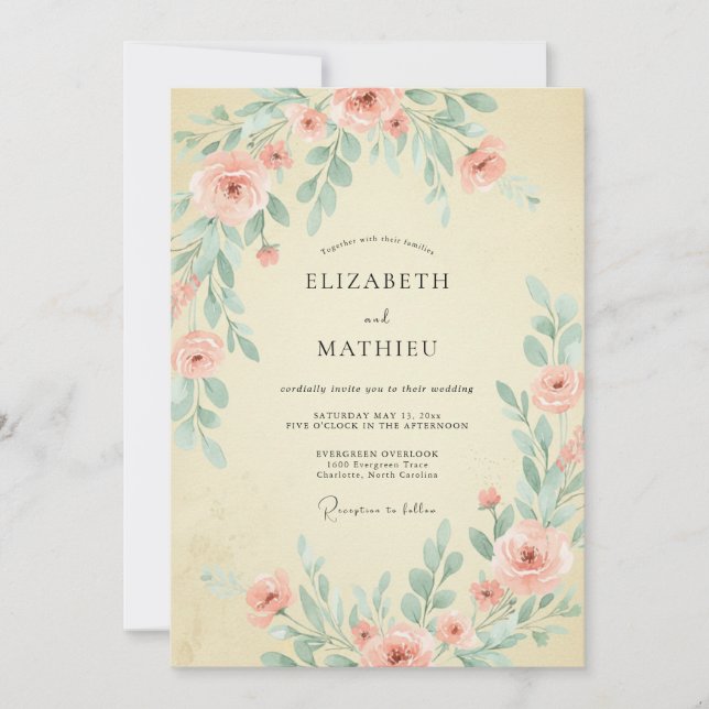 Convite Casamento de Champanhe com Folhagem Eucalipto Rosa (Frente)