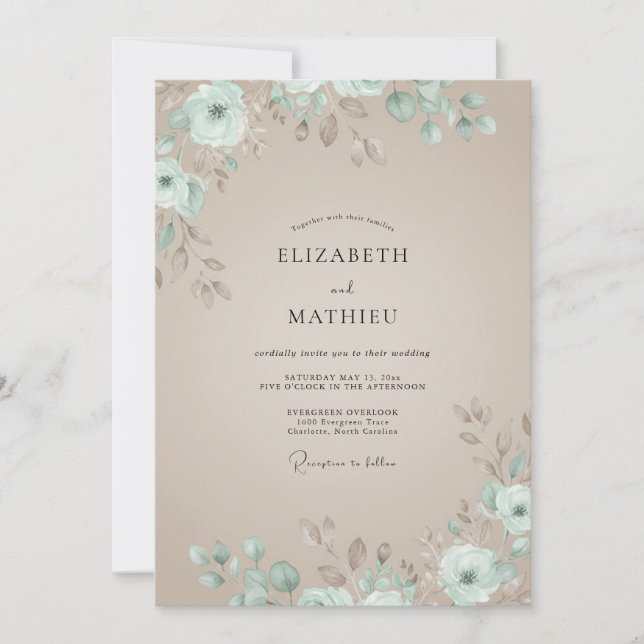 Convite Casamento de Champanhe com Folhagem Seafoam Suave  (Frente)
