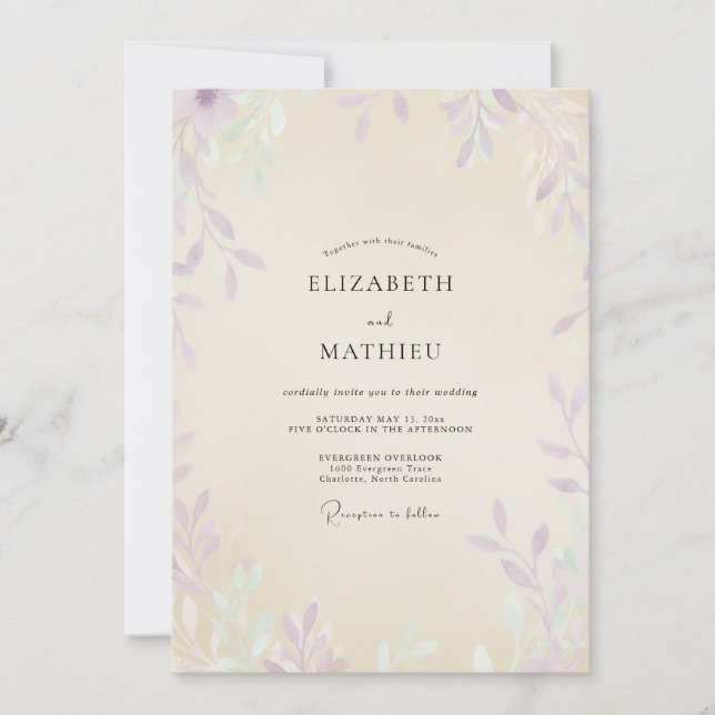 Convite Casamento de Champanhe com Folhagem Violeta Eucali (Frente)