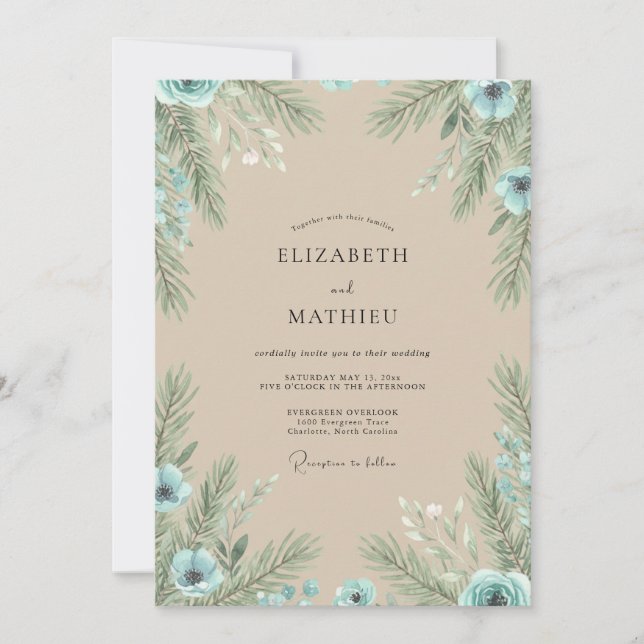 Convite Casamento de Champanhe Pinheiro Eucalipto Verde (Frente)
