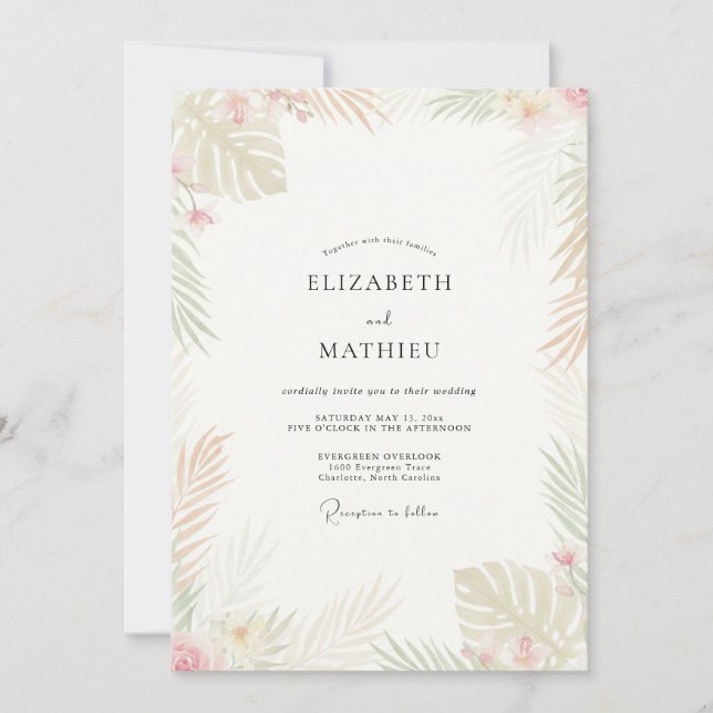 Convite Casamento de Champanhe Tropical Palmeira Eucalipto (Frente)