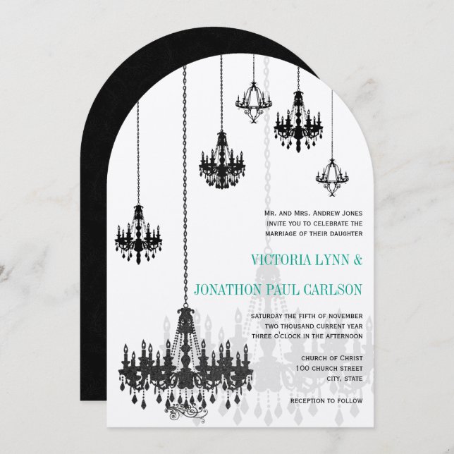 Convite Casamento de Chandeliers do Black Emerald Green Da (Frente/Verso)