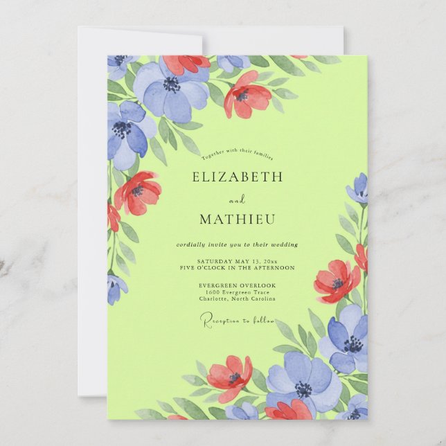 Convite Casamento de Chartruese Periwinkle Papoula Pressio (Frente)