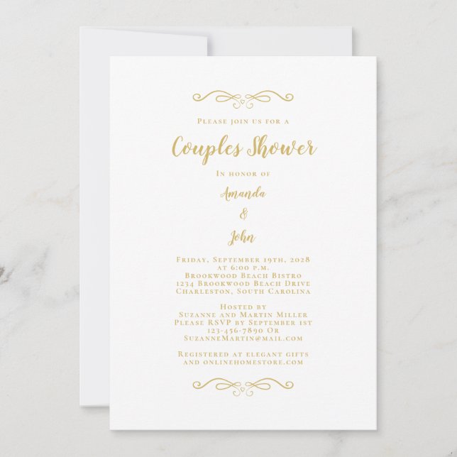 Convite Casamento de Chás de Script Elegante Dourado (Frente)