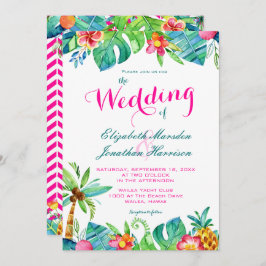 Convite Casamento de Chevron Floral Tropical Berry Pink Te