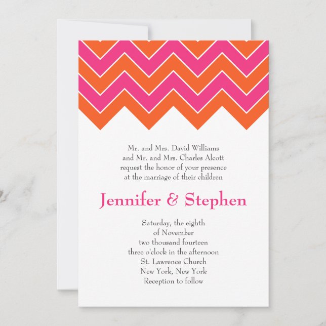 Convite Casamento de Chevron Laranja e Rosa (Frente)