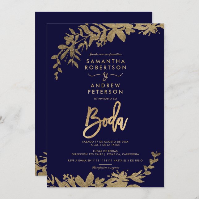 Convite Casamento de chic azul-marinho azul com folha Dour (Frente/Verso)