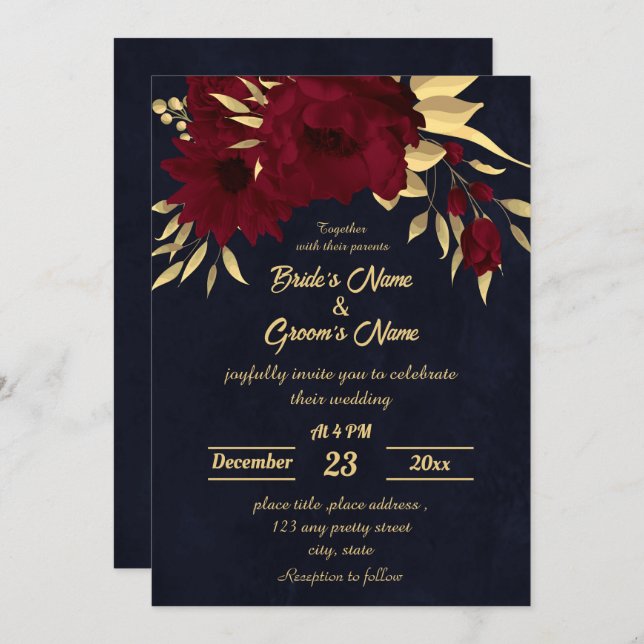 Convite Casamento de Chic Burgundy e marinho de ouro (Frente/Verso)