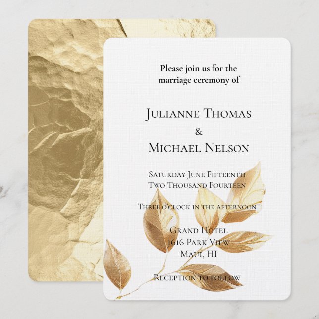 Convite Casamento de Chic Dourado Leaves (Frente/Verso)