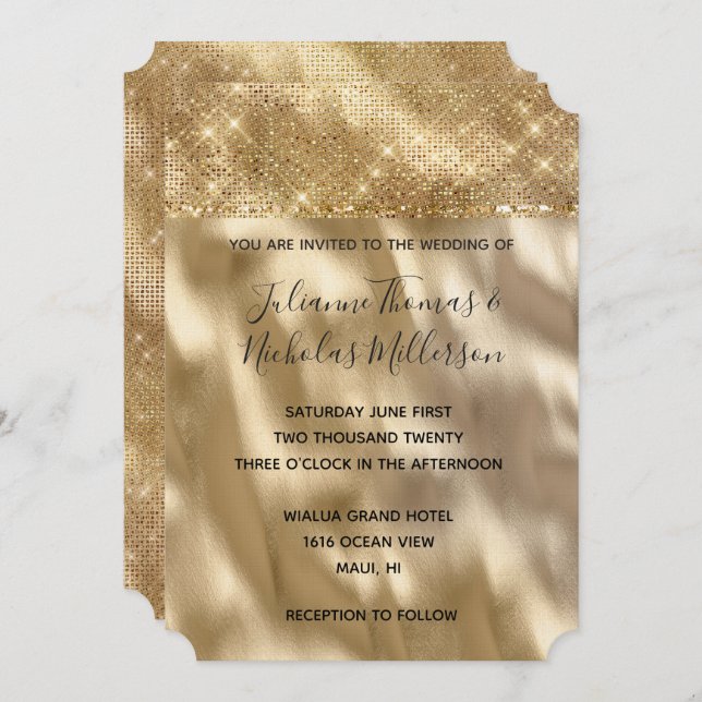 Convite Casamento de Chic Glam Dourado Sparkle (Frente/Verso)